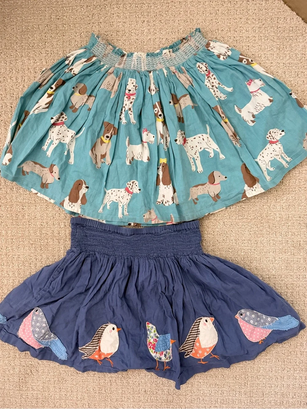 Mini Boden Teal Dog Print & Navy Bird Embroidered Girls Skirts
